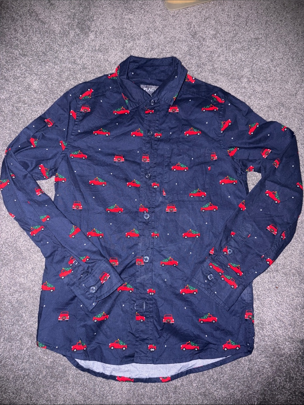 Navy Holiday Print Button-Up Shirt with Red Pick Up and Tree Design
